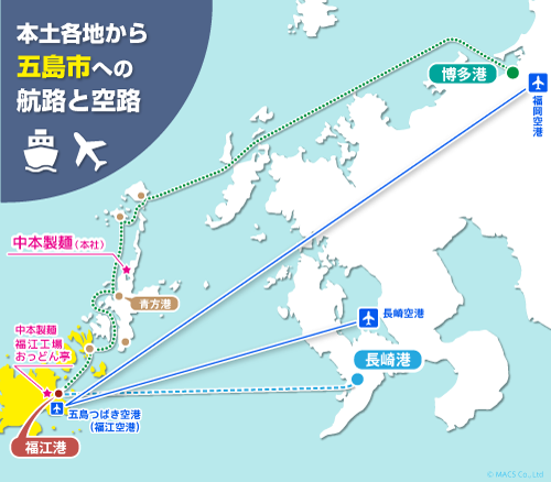 本土から五島市福江港への航路図。福岡の博多港、長崎の長崎港の２つの港から船が出ています。